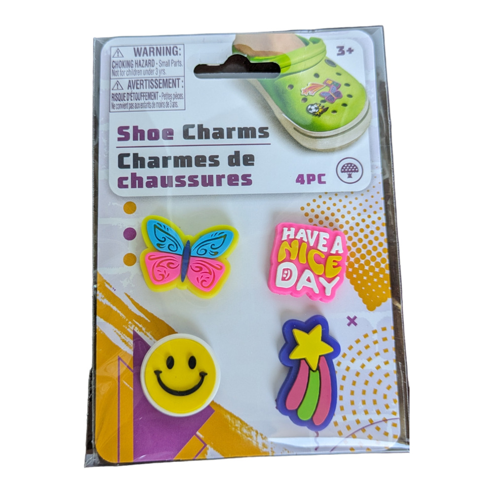 Croc Shoe Charms - Jibbitz 4pk - Smiley-Rainbow-Butterfly-Nice Day - Shoe Decor
